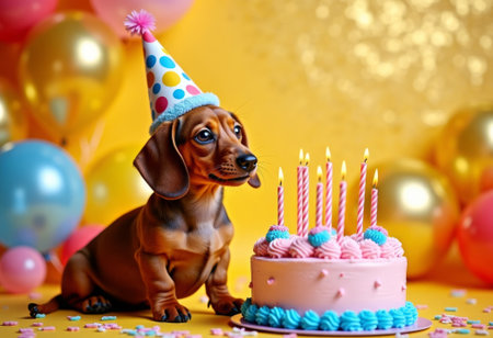Cute dachshund dog wearing a birthday hat for party, sitting behind a colorful cake with candles and balloons in red background. Adorable pet celebration and festive atmosphere.の素材
