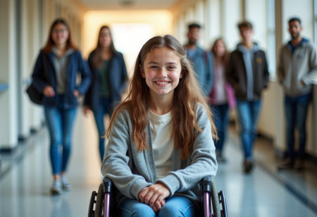 Smiling student passes smiling girl in wheelchair with books, smiling girl in bustling campus corridor. School or college banner with students. Inclusive education bannerの素材