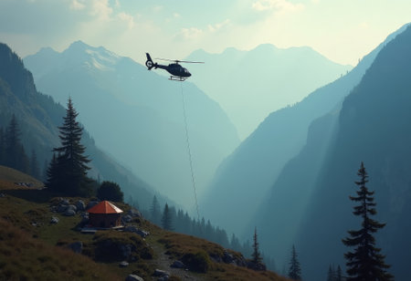 Remote highland campsite with helicopters flying above tents under open sky, representing extreme travel, wilderness experience, and breathtaking alpine explorationの素材