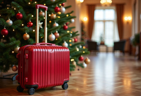 Festive Christmas travel, Vibrant holiday scene featuring packed red luggage and decor, Seasonal celebration scene showing brightly lit suitcase amidst holiday ornaments and cheerful ambianceの素材
