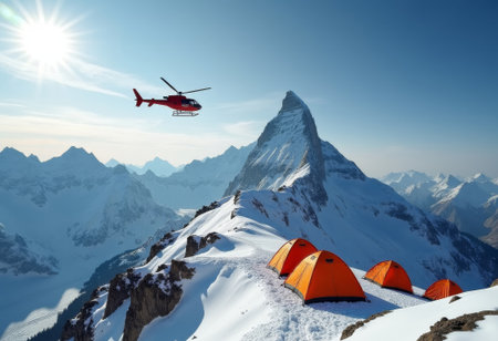 Highland outdoor stay with helicopters, Alpine campsite experience featuring helicopters and tents, Experience thrill of mountain adventure at remote alpine campsites with helicopters and tentsの素材