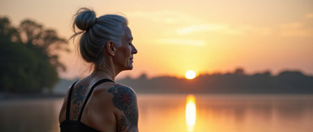 Silhouette of senior woman sitting cross-legged by the lake at sunset, practicing yoga and meditation. Calm waters and soft sunlight highlight serenity, wellness, and inner harmony in natureの素材
