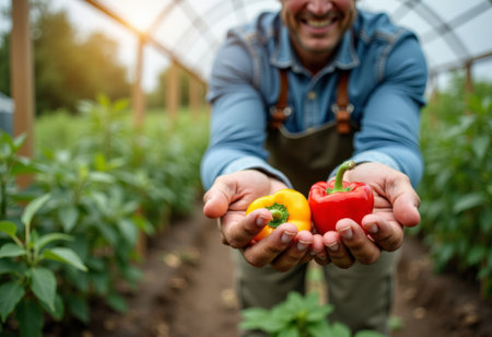 Man offering red and yellow peppers in hands to camera, Vibrant glossy bell peppers, closeup of palms and soil-stained fingernails, tasting and selection scene. Organic food marketの素材