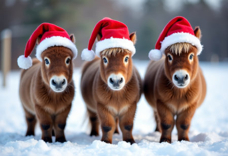 Three festive farmyard pony, Cheerful small foals with fluffy coats and festive Santa hats in snowy farm setting, Playful young animals dressed enjoying snowy farm backdrop for holidayの素材