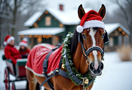 Festive horse scene, Christmas holiday horse with carriage, Romantic holiday carriage ride. Seasonal celebration featuring decorated horse pulling romantic winter carriage rideの素材