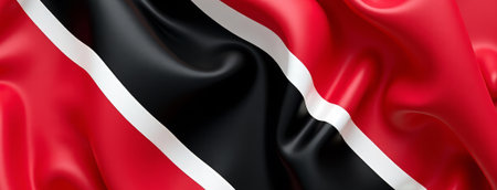 Trinidad Tobago flag in motion, Patriotic Trinidad and Tobago flag waving dynamically with flair, Dynamic depiction of Trinidad and Tobago flag fluttering across smooth satin fabric in celebrationの素材