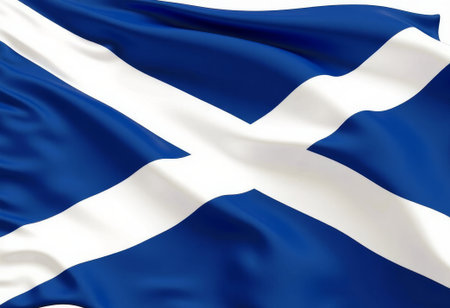 Closeup of Saltire flag showing fabric texture, Dynamic folds and bold design symbolize Scottish national pride, Brightly colored Saltire banner illustrates Scottish heritage and cultural identityの素材