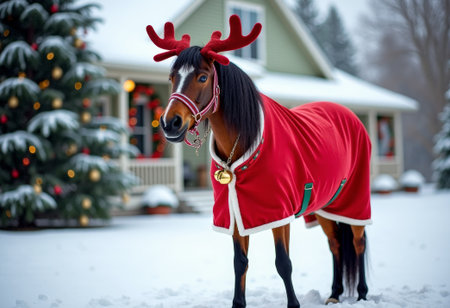 Holiday-themed horse wearing antlers and seasonal accessories, standing near cottage house in countryside. Christmas portrait representing winter festivities, rural tradition and joyful decorationの素材