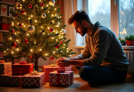 caucasian man wrapping gifts under christmas tree, focused hands arranging patterned boxes and tying ribbons, modern livingroom scene suggesting handmade presents and small business packagingの素材