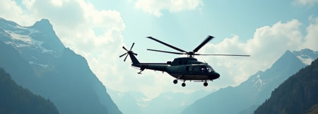 red helicopter above jagged peak, urgent flight over alpine skyline, pilot maneuvering near rugged summit, sunlit clouds and dramatic silhouette, emergency response and precision operation vibeの素材