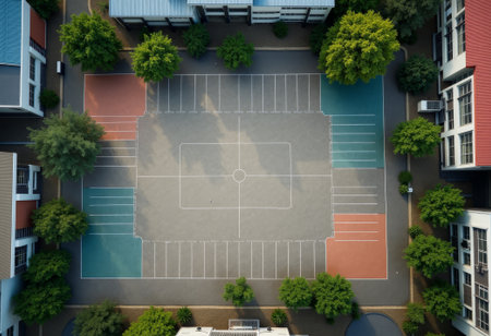 Aerial view of empty basketball court in scool surrounded by red tile roofs and mature trees. Serene neighborhood sports yard, peaceful community basketball court embraced by trees and buildingsの素材