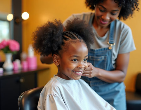 Child enjoying haircut in contemporary barbershop, with the barber carefully shaping her hair. Trendy hairstyle of a kid. Girl getting her afro hair done in salonの素材