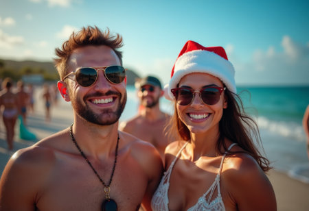 Festive beach day with friends, Happy holiday moments by ocean shore, Cheerful group enjoying sunny Christmas beach vacation, Lively holiday scene with friends dancing on sandy shoreline during sunsetの素材