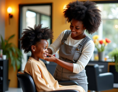 Smiling African girl getting hair styled by female barber in modern barbershop, child sitting in the chair of hair salon. Afro hairstyle of a kidの素材