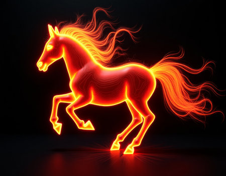 Fiery red neon horse charging across black background, glowing mane like plasma and molten light, intense red-orange. Chinese New Year symbol bannerの素材