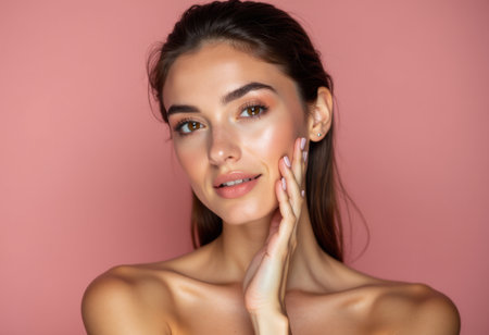Young beutiful woman over pink background. Beauty concept through confidence and selfcare, embracing healthy skin with radiant smile and gentle touch. Female portraitの素材