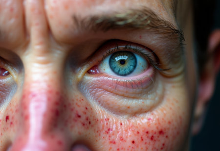 outdoor adventurer portrait, rugged outdoor enthusiast with freckles displaying perseverance and strength, closeup of seasoned guide revealing fatigue and unwavering resolve during challengingの素材