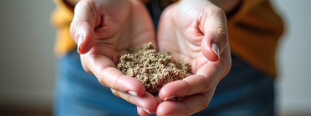 Focused shot of female hands planting seeds, Detailed view of hands holding tiny seeds in soil for planting, Close perspective of female hands gently placing small seeds into rich earth for growthの素材