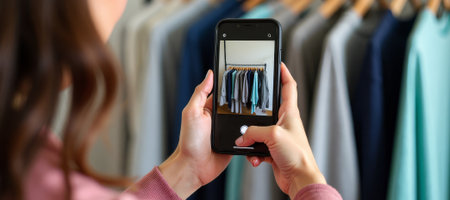 Woman taking detailed outfit photos for shop, Photographer focusing on pastel blouses displayed on hangers, Professional woman documenting clothing items for online retail and social platformsの素材