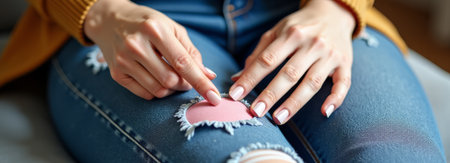 Tailor repairs worn out blue jeans, Closeup of hands sewing patch onto worn denim fabric, Detailed shot of person sewing patch onto distressed jeans with natural light illuminating textured fabricの素材