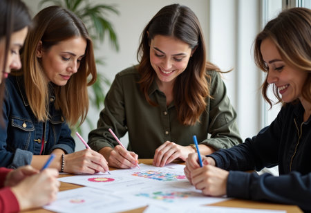 women collaborating around table with charts marketing team reviewing campaign mockups sharing ideas taking notes pointing at colorful diagrams smiling casual office atmosphere natural lightの素材