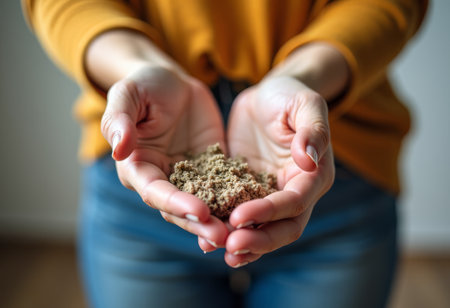 Hands cultivate and sustain thriving earth, Encouraging hands foster growth and vitality of nourishing land, Hands that support and nurture contribute to flourishing and fertile condition of soilの素材