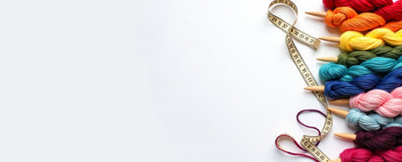 Bright Colorful Yarn Skeins With Measuring Tape On White Background For Knitting Banner, Styled For DIY Workshop Display, Inviting Cozy Crafting Mood, Soft Wool Textures, Copy Space For Text Or Logoの素材