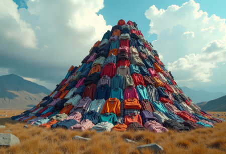 Massive Clothing Mound, Overgrown Heap Of Abandoned Textiles, Scarlet Garments Assemble Into Towering Pyramid Scene, Colorful Fabrics Create Striking Sculpture Amid Arid Countryside Landscapeの素材
