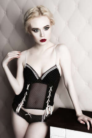 Beautiful blond girl in underwearの写真素材