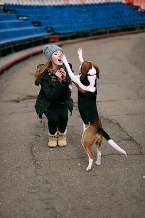 Young hipster girl with her pet estonian hound dog playing and having fun outdoor in the park.の写真素材