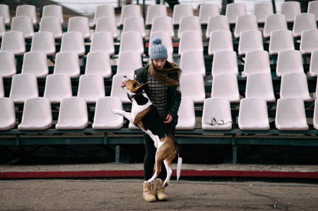 Young hipster girl with her pet estonian hound dog playing and having fun outdoor in the park.の写真素材