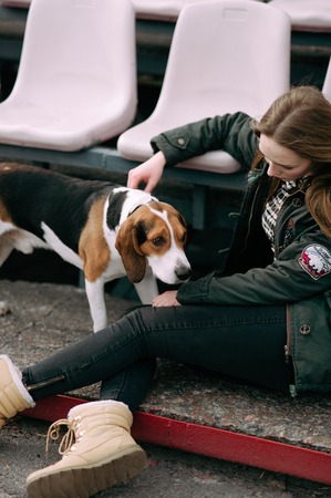 Young hipster girl with her pet estonian hound dog playing and having fun outdoor in the park.の写真素材