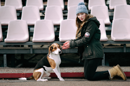 Young hipster girl with her pet estonian hound dog playing and having fun outdoor in the park. Asking for foodの写真素材