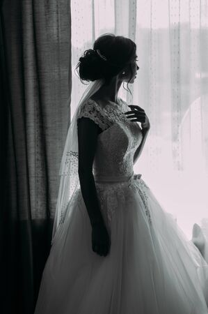 The Bride / Young women with wedding dress in very bright room, some fine film noise effect addedの写真素材