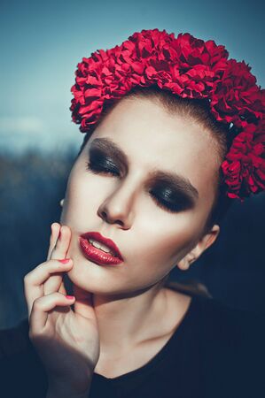 Portrait of Fashion Beautiful Woman on Nature.  Pure Beauty Model Girl. Perfect bright smoky Makeup....
