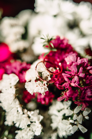 Wedding rings on a flowerの写真素材