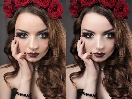 beautiful young woman with roses flower in hair. beauty girl with make-up over dark background. dark red lips.close-up fashion retouched portraitの写真素材