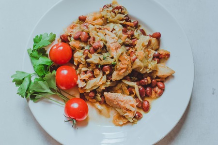 Chili Beans Stew, Bread, Red Chili Pepper And Garlic Ready To Be Servedの写真素材