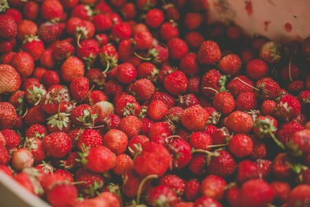 background from freshly harvested strawberries, directly above.の写真素材