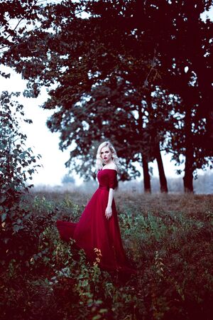 Fashion gorgeous young blonde woman in beautiful red dress in a fairy-tale forest. magic atmosphereの写真素材