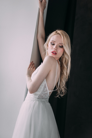 Portrait of a beautiful blond girl in image of the bride . Beauty face. Photo shot in the Studio on a grey backgroundの写真素材