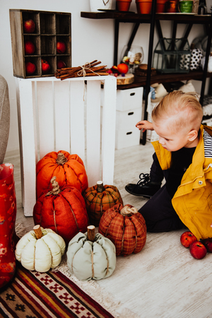 Cool trendy hipster boy 2 years old wears yellow jacket posing at the decorated photozone of autumn decor with beautiful bright autumn leaves. Cosy atmosphereの写真素材