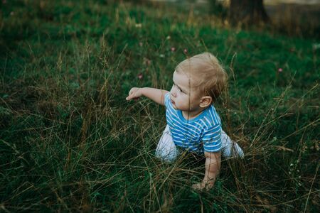 1 year old european cute boy on the grass. Birthday anniversary.の写真素材