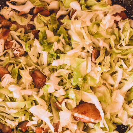 Food ingridients: red beans, carrot, cabbage, meat, onion, ginger for recipe stewed beans with meat on wooden background. Steps in cooking, process of preparing food. Concept of homemade healthy food. Flatlay, top viewの写真素材