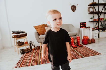 Cool trendy hipster boy 2 years old wears yellow jacket posing at the decorated photozone of autumn decor with beautiful bright autumn leaves. Cozy atmosphereの写真素材