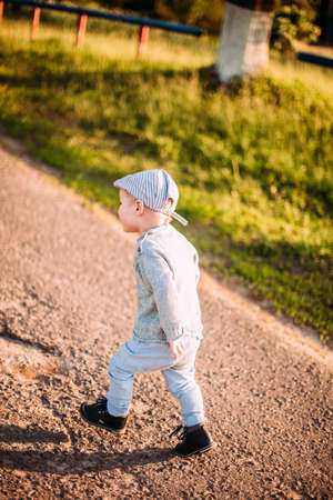 Baby boy 1-2 years old exploring nature in summer, having funの写真素材