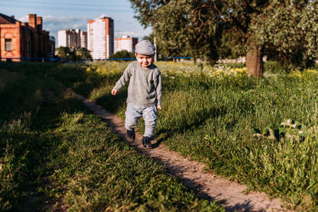 Baby boy 1-2 years old exploring nature in summer, having funの写真素材
