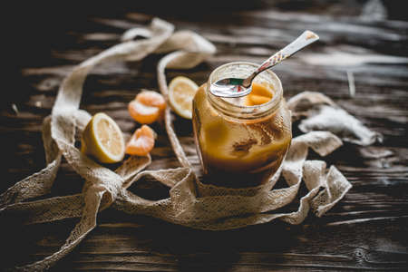Honey and others natural medicine for the winter flue ( Rustic still life.の写真素材