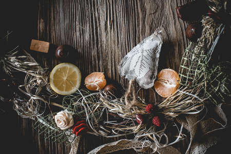 Lots ripe citrus on wooden background