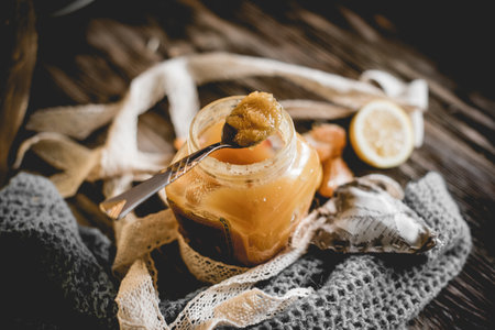 Honey and others natural medicine for the winter flue ( Rustic still life.の写真素材